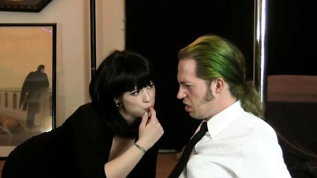 Sexy woman licks tied up man with her huge tongue